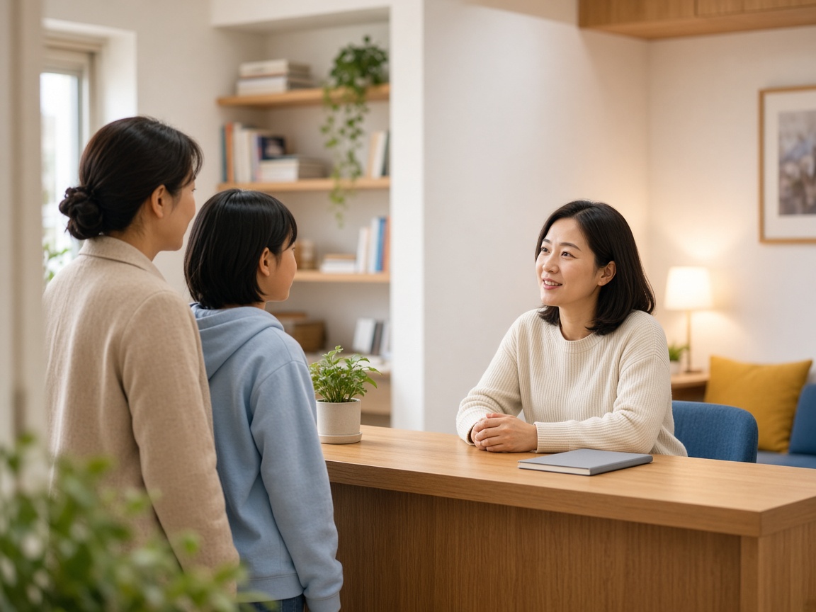 상담 데스크에서 보호자와 학생을 맞이하는 원장님